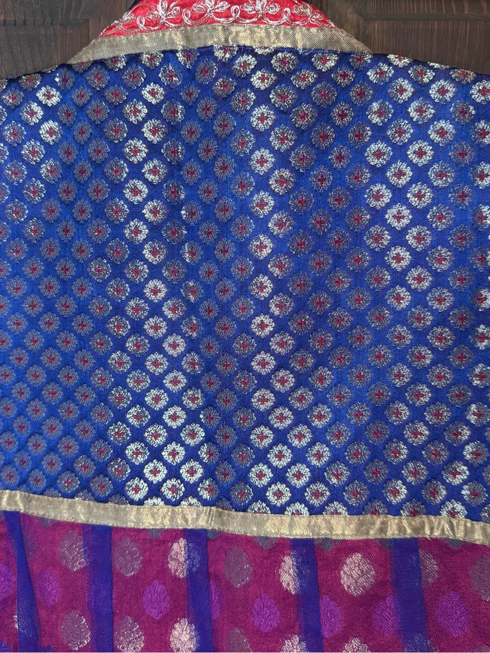Handmade Royal Blue Red Anarkali Kurti Dress Sheer Sleeves Brocade Small 41" - Picture 9 of 9